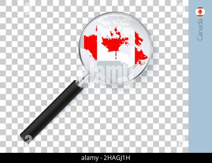 Canada map with flag in magnifying glass on transparent background. Vector loupe with map. Stock Vector