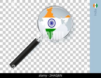India map with flag in magnifying glass on transparent background. Vector loupe with map. Stock Vector