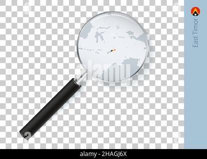 East Timor map with flag in magnifying glass on transparent background. Vector loupe with map. Stock Vector