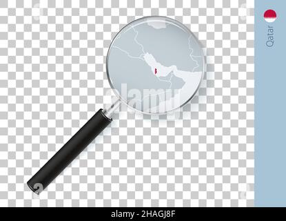 Qatar map with flag in magnifying glass on transparent background. Vector loupe with map. Stock Vector