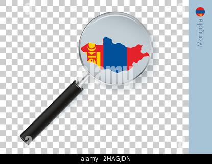 Mongolia map with flag in magnifying glass on transparent background. Vector loupe with map. Stock Vector