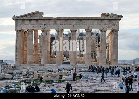 Parthenon on Acropolis under cloudy sky in winter Stock Photo