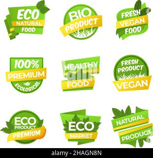 Eco product sticker. Organic tag, vegetables nature labels. Healthy bio vegan natural symbols. Fresh vegetarian food badge design, recent vector Stock Vector