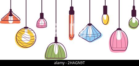Hanging lamps banner. Lamp background, contemporary loft style decorative chandeliers. Vintage lantern, isolated doodle lighting decent vector Stock Vector