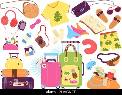 Travel accessories. Traveler stuff, suitcase and beach objects. Female bag, summer tourism fashion elements. Doodle luggage for vacation, decent Stock Vector