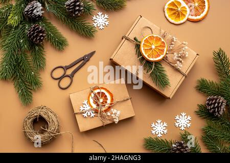 Christmas presents - hand made gift boxes, top view Stock Photo
