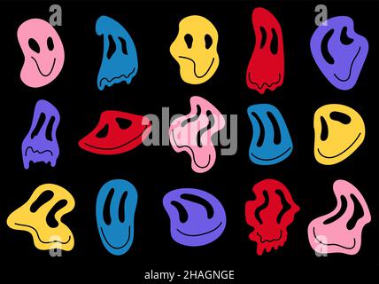 Melting faces. Drug psychedelic smiling face, exotic distorted portraits. Dripping crazy cartoon elements, funny funky decorative art decent vector Stock Vector