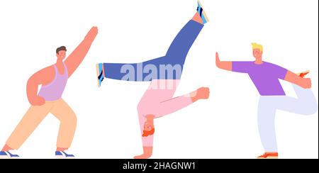 Dancing men group. Stretching or yoga for men, sport training. Flat male doing exercises, isolated vector characters Stock Vector