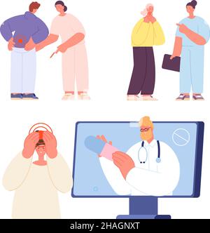 Doctor Visiting. Cartoon Doctors, Woman Examining In Hospital. Patient 