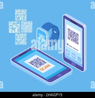 Personal QR code. Codes on smartphone and smartwatch. Isometric self digital identification gadgets. Different barcodes, mobile phone and watch vector Stock Vector