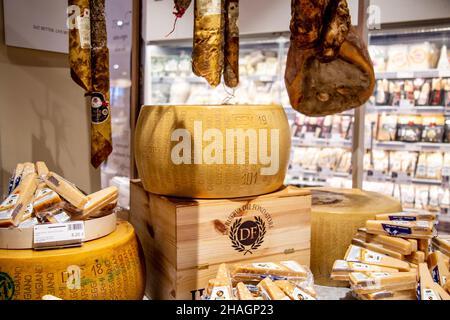 A wheel of gran parmigiano cheese at Eataly, London, UK Stock Photo