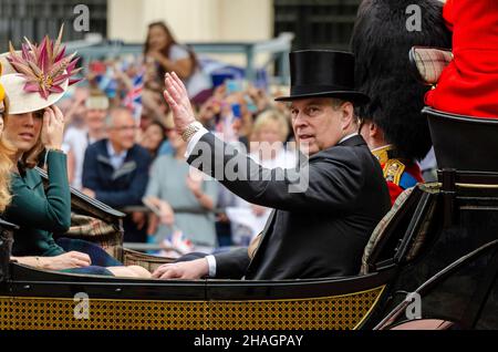 Prince Andrew, Duke of York at Trooping the Colour 2016 in The Mall London, UK. Prince Andrew in suit and top hat in carriage. People Stock Photo