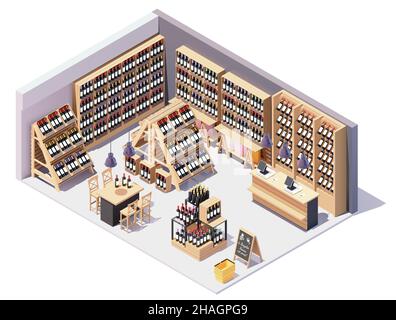 Vector isometric supermarket or grocery store wine department interior with furniture and equipment. Wine bottles on displays, shelves and gondolas Stock Vector