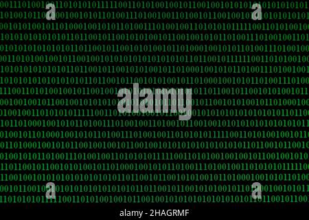 Binary Code on a monitor, seamless repeating binary code with green text on black background. Stock Photo