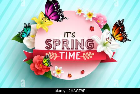 Spring time vector concept design. It's spring time text in circle space with flowers and butterflies elements in pattern background for bloom season. Stock Vector
