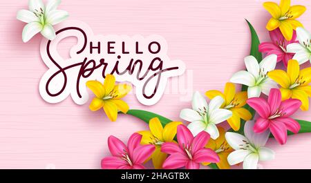 Spring flowers greeting vector design. Hello spring typography text in paper cut art with lilies flower bouquet and leaves decoration element. Stock Vector