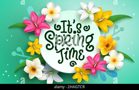 Spring time vector template design. It's spring time text in green circle space with flowers like lily, daffodil and plumeria elements. Stock Vector