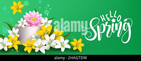 Spring flowers vector banner design. Hello spring greeting text with lilies and lotus flower bunch in nature green background for bloom season. Stock Vector