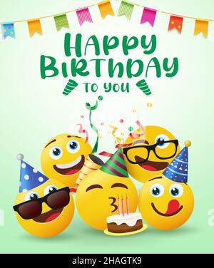 Birthday smileys vector design. Happy birthday to you text with celebrating emoji blowing cake candle for party greeting and birth day celebrant smile. Stock Vector