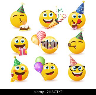 Smileys birthday vector set. Smiley emojis in party celebrating characters with gift, cake, confetti and party hats celebration elements for birth day. Stock Vector