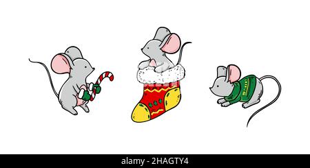 Set of hand drawn mice in Christmas style. Vector illustration Stock Vector