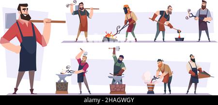 Blacksmith worker. Character with hammer making steel sword in foundry workshop hardware tools exact vector cartoon persons Stock Vector