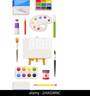 Seamless pattern with painter tools and materials. Art supplies for creativity. Stock Vector