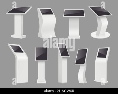 Digital ads screen. Kiosk interactive displays for exhibitions digital promo stands decent vector realistic illustrations Stock Vector