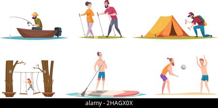 Outdoor activities. Tourism exploration hiking picnic characters in park travelling lifestyle adventure leasure exact vector people in action poses Stock Vector