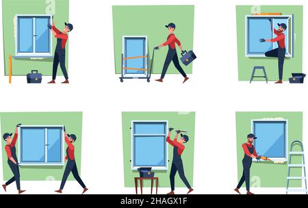 Plastic window installing. Interior fix problems with pvc doors and windows frames professional workers garish vector flat pictures set Stock Vector