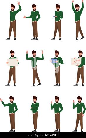 Businessman standing. People hands gestures pointing holding welcome guy in casual style clothes male thinking about business garish vector Stock Vector