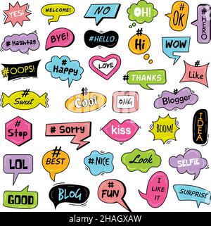 Hashtags. Communication trendy fun social world in speaking bubbles teenagers slang recent vector illustration templates Stock Vector