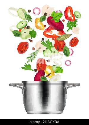 Vegetables falling. Sliced culinary collection in boiling pan pepper zucchini tomato onion salad ingredients decent vector realistic kitchen Stock Vector