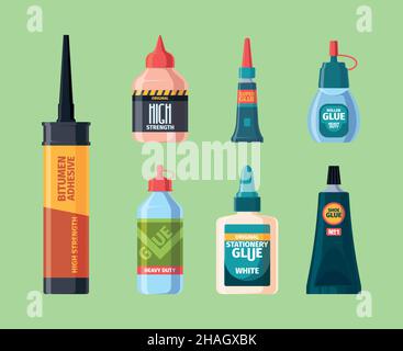 Glue. Packages bottles tubes and plastic containers for liquid glue office supplies garish vector illustrations set isolated Stock Vector