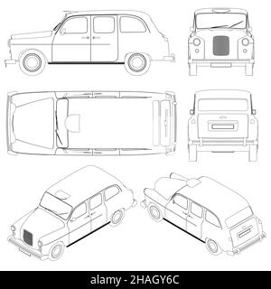 Set with the contours of a retro car from black lines isolated on a white background. Old car from different sides. Front, back, side, top, isometric Stock Vector