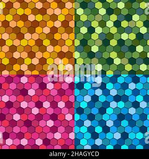 Set of seamless hexagon mosaic patterns. Vector colored backgrounds. Stock Vector