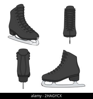 Set of color images with black skates for figure skating. Isolated vector objects on a white background. Stock Vector