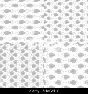 Set of seamless vector patterns with fish skeletons. Black and white vector backgrounds. Stock Vector
