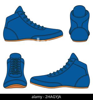 Set of color illustrations with blue wrestling shoes, sports shoes. Isolated vector objects on a white background. Stock Vector