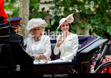 Kate Middleton, Duchess of Cambridge, Camilla, Duchess of Cornwall, in carriage opposite Harry. Trooping the Colour 2016. Royal Family, The Mall London Stock Photo