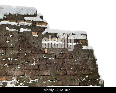 A dilapidated brick wall with uneven masonry covered with snow. On the right there is an empty space for the inscription on white Stock Photo
