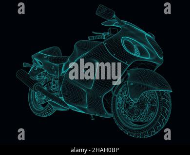 Wireframe of a sports motorcycle from blue lines isolated on a dark background. Perspective view. 3D. Vector illustration. Stock Vector