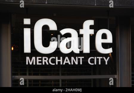 iCafe Mechant City logo. Ingram Street, Merchant City, Glasgow, Scotland, Unitred Kingdom, Europe. Stock Photo