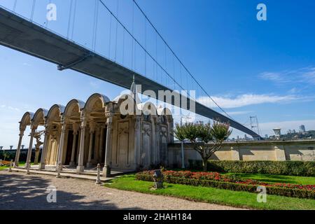 Bosphorus Bridge and Beylerbeyi Palace Bathing pavilion on the Asian shore in Istanbul, Turkey. Stock Photo