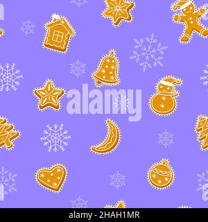 Gingerbread stickers seamless pattern with snowflakes. Festive Christmas background with cookies. Stock Vector