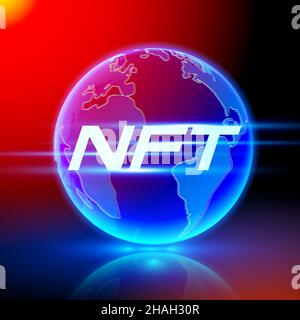 NFT text on hologram planet earth. Nonfungible tokens concept. Crypto art news. Vector illustration. Stock Vector