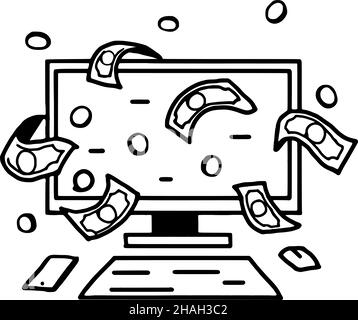 Computer monitor and money doodle illustration. Vector illustration Stock Vector