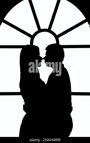 Black and white clipping path illustration of guy and girl hugging against stained glass window background Stock Photo