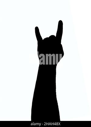 Illustration of a human palm folded in a goat rocker gesture on a white clipping background. To be shown at heavy metal concerts Stock Photo