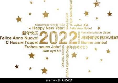 Happy New Year 2022 in different languages word cloud greeting card concept Stock Vector